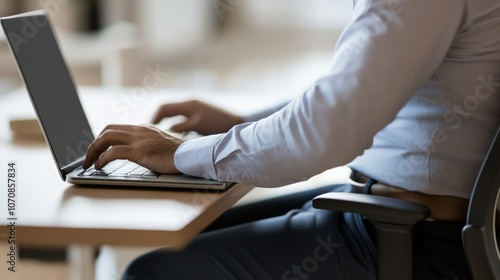 Person sitting at desk with poor posture, emphasizing the importance of ergonomic practices for maintaining health and productivity in the workplace.