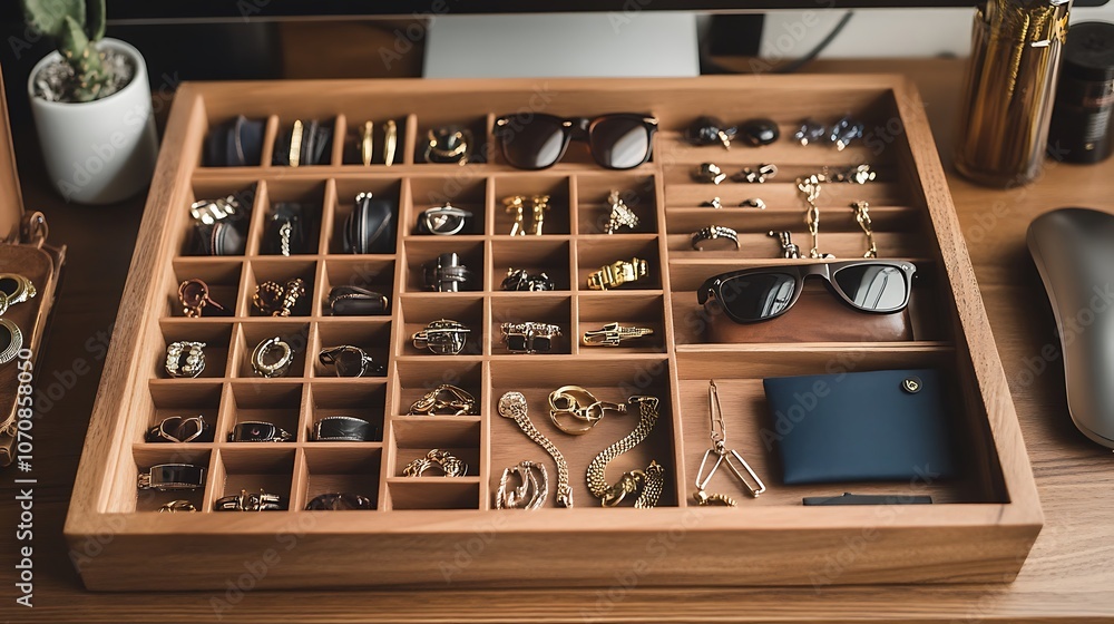 A wooden box with various gold and silver jewelry, sunglasses, and a blue leather case. A wooden box with various gold and silver jewelry, sunglasses, and a blue leather case.