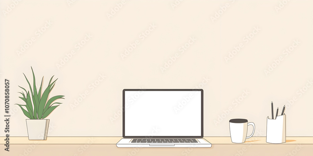 Minimalist Workspace: A simple, sleek desk with a laptop, coffee mug, and potted plant. The clean lines and neutral colors create a calming and productive atmosphere. Minimalist Workspace: A simple, sleek desk with a laptop, coffee mug, and potted plant. The clean lines and neutral colors create a calming and productive atmosphere.