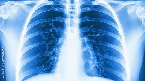 Medical chest X-ray image showing detailed anatomy of lungs and heart, essential diagnostic tool for detecting respiratory and cardiovascular conditions.