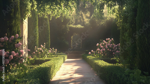 A picturesque garden path lined with flowers leads to a stone archway bathed in warm sunlight.