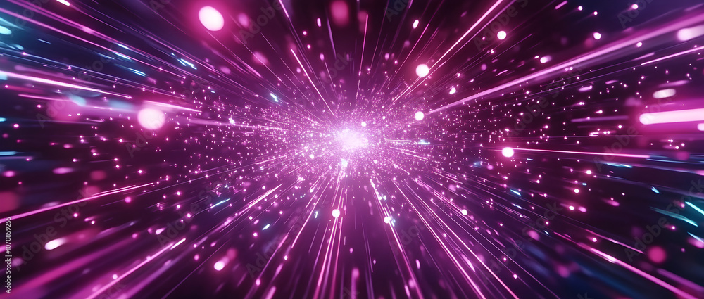 Naklejka premium Hyperspace Tunnel of Light: An abstract visual journey through a swirling vortex of neon pink and blue lights. The shimmering streaks and glowing orbs create a sense of motion and energy.
