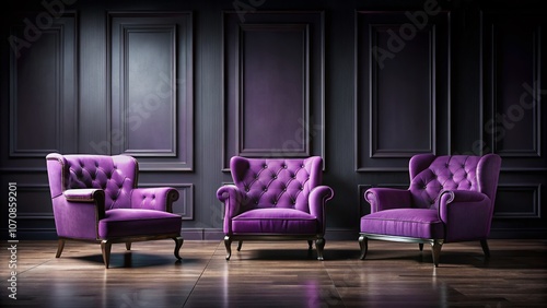 Empty Dark Room Featuring Trendy Lavender Purple Armchairs Against a Black Wall, Ideal for Modern Interior Design and Minimalist Aesthetic Photography