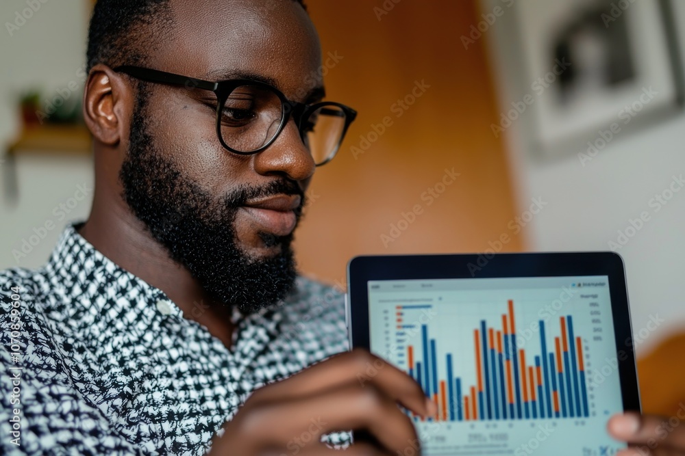 A Man in Glasses Analyzing a Bar Graph on a Tablet A Man in Glasses Analyzing a Bar Graph on a Tablet