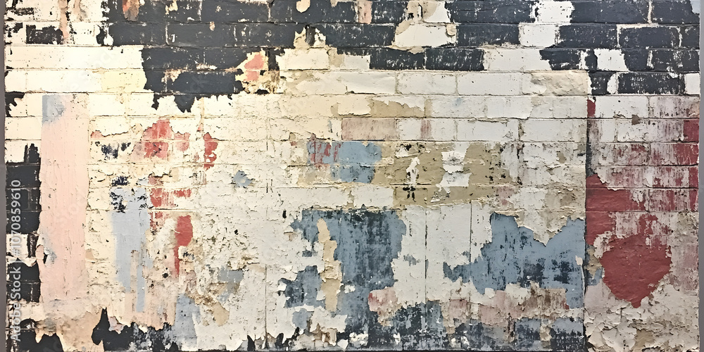 Naklejka premium Urban Decay Texture: A captivating close-up shot reveals a weathered brick wall, its surface a tapestry of peeling paint in muted tones of red, blue, and beige.