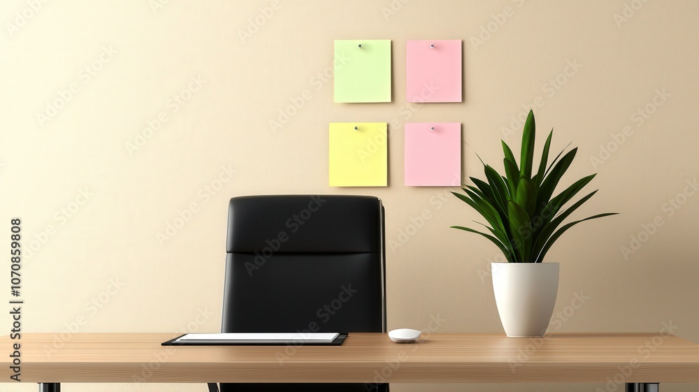 Fototapeta premium Modern Office Workspace with Notes and Green Plant