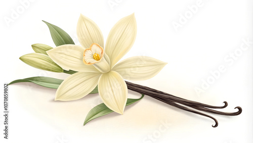 Vanilla flower illustration with vanilla pods and leaves, botanical art
