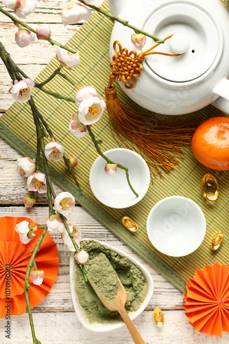 Teapot with mandarins, bowl...