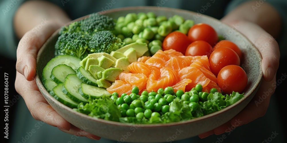 Closeup of Hands Holding a Bowl Filled with a Healthy Salad of Salmon, Broccoli, Avocado, Cucumber, Tomatoes, Peas, and Lettuce Closeup of Hands Holding a Bowl Filled with a Healthy Salad of Salmon, Broccoli, Avocado, Cucumber, Tomatoes, Peas, and Lettuce