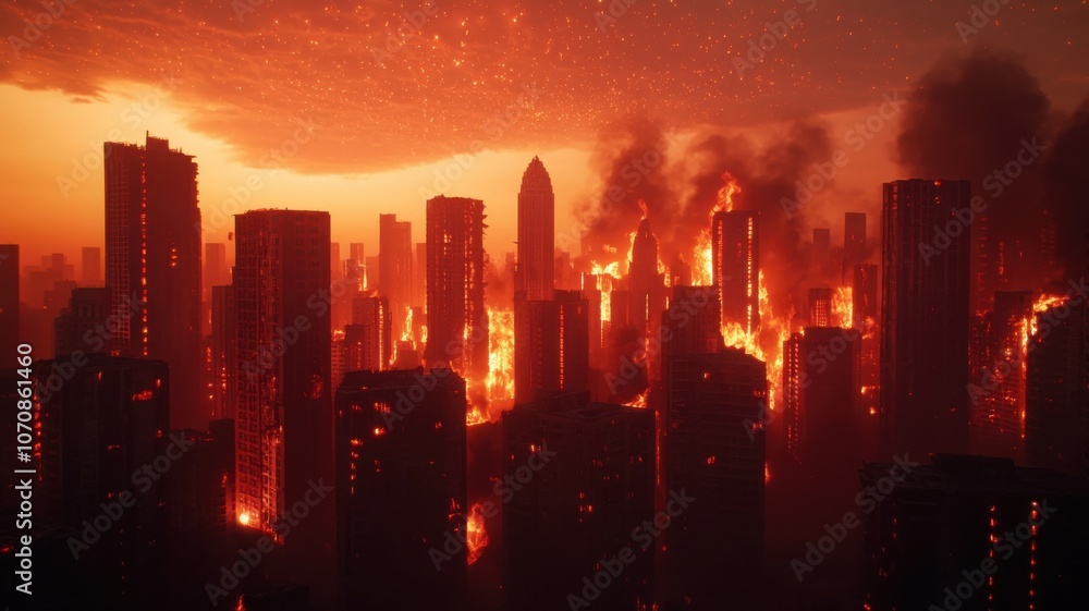 Fototapeta premium City in flames a stunning visual of urban destruction captured at dusk