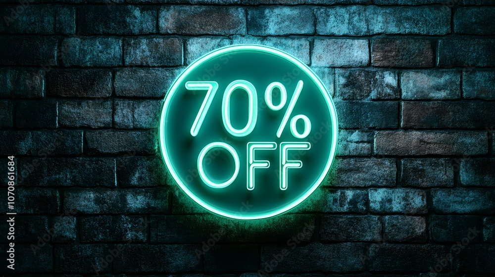 Light Green Neon '70% OFF' Sign on a Brick Wall Light Green Neon '70% OFF' Sign on a Brick Wall