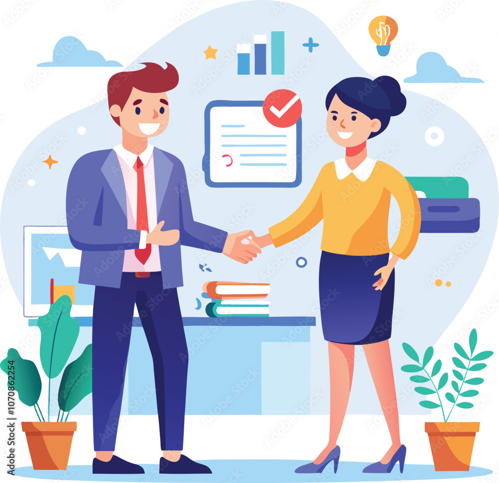 People shaking hands at work - Two businesspeople, man and woman doing handshake in office at work while smiling over business agreement and deal. Flat design stock illustration on white background People shaking hands at work - Two businesspeople, man and woman doing handshake in office at work while smiling over business agreement and deal. Flat design stock illustration on white background