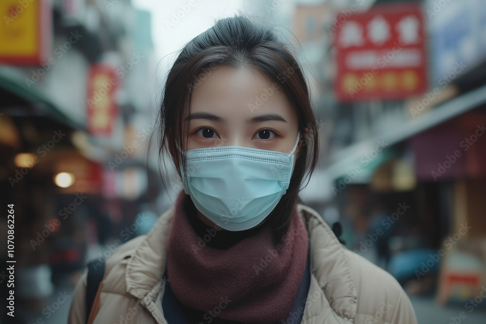 Young woman wearing a mask stands in a busy street market filled with bright signs in the background during a bustling city day. Generative AI Young woman wearing a mask stands in a busy street market filled with bright signs in the background during a bustling city day. Generative AI
