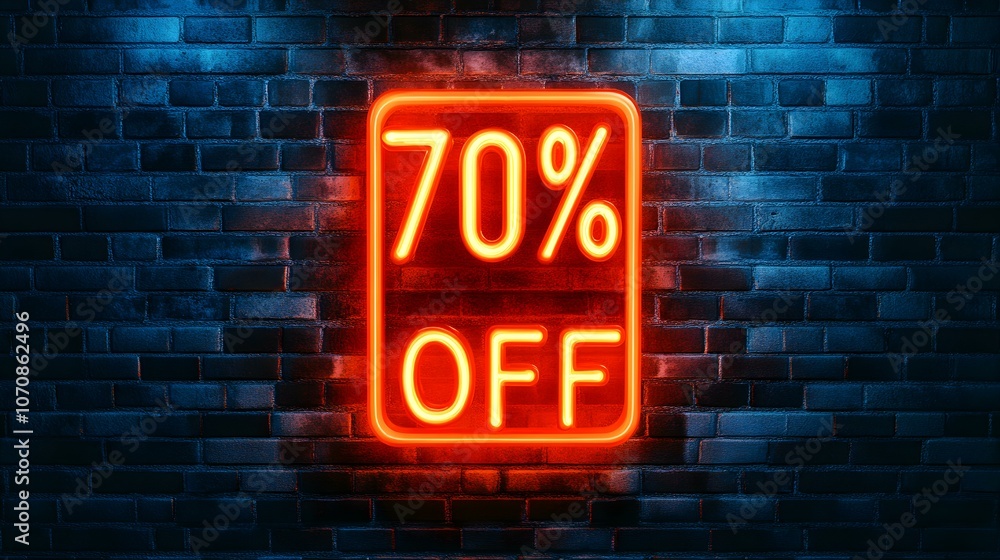 Orange Neon '70% OFF' Sign on a Brick Wall Orange Neon '70% OFF' Sign on a Brick Wall