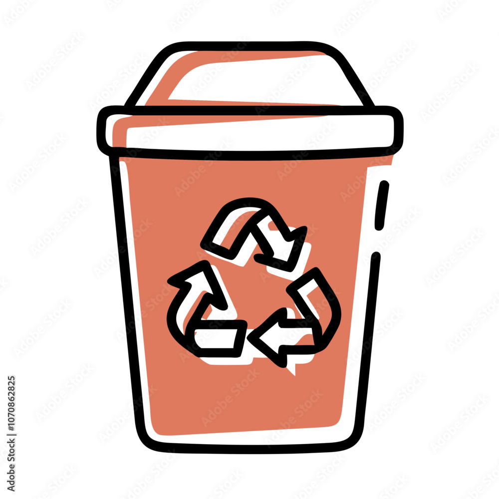 A red trash can with a recycle sign on it. The image is of a cartoonish style A red trash can with a recycle sign on it. The image is of a cartoonish style