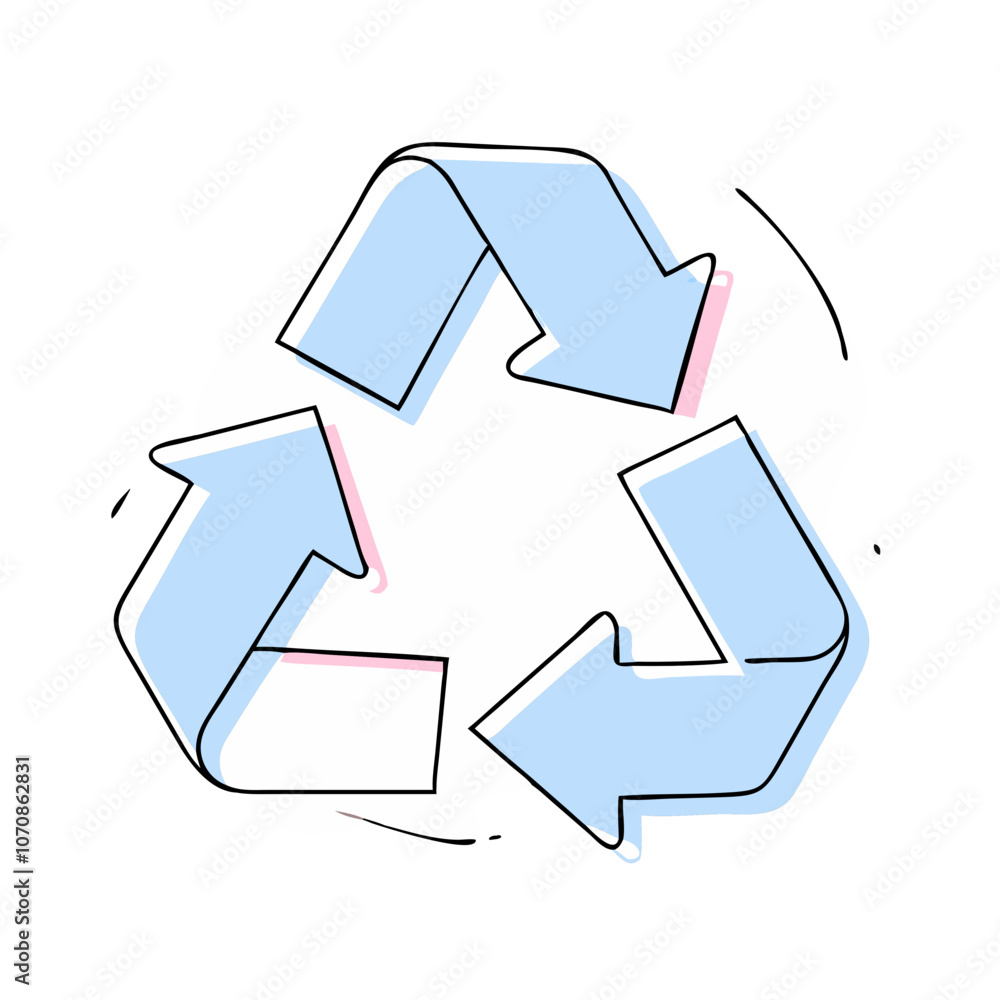 A blue and pink recycling symbol with arrows pointing in different directions. Concept of recycling and the importance of reducing waste