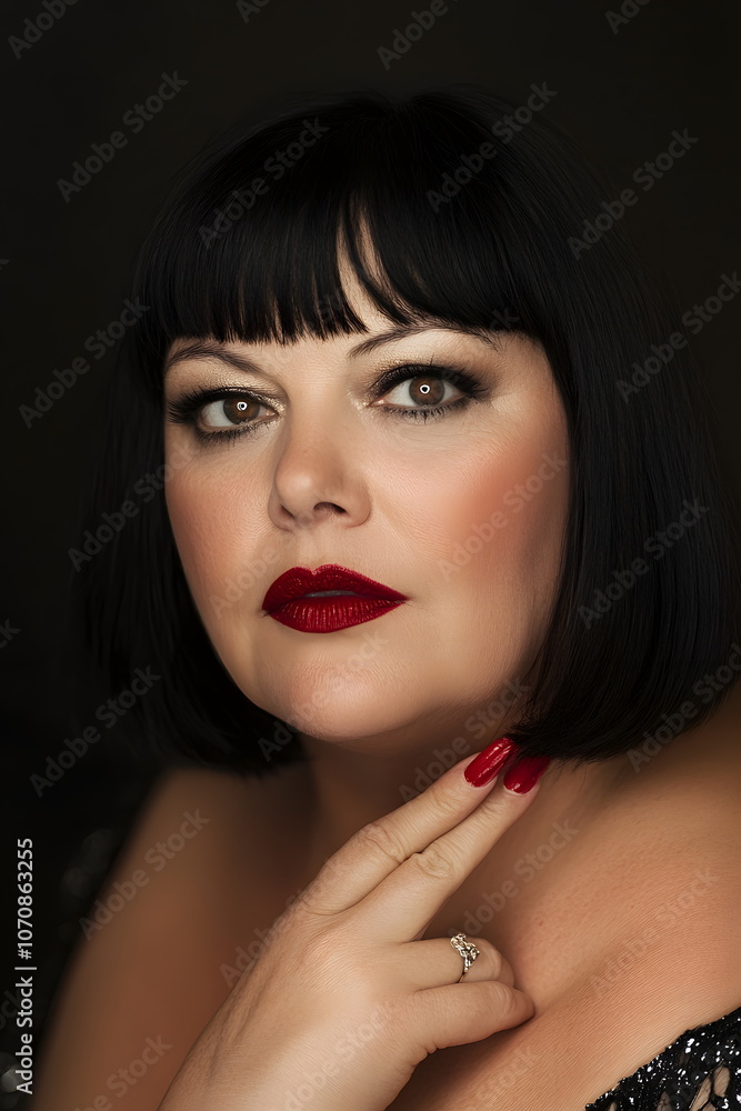 portrait of a woman with black bobcut portrait of a woman with black bobcut