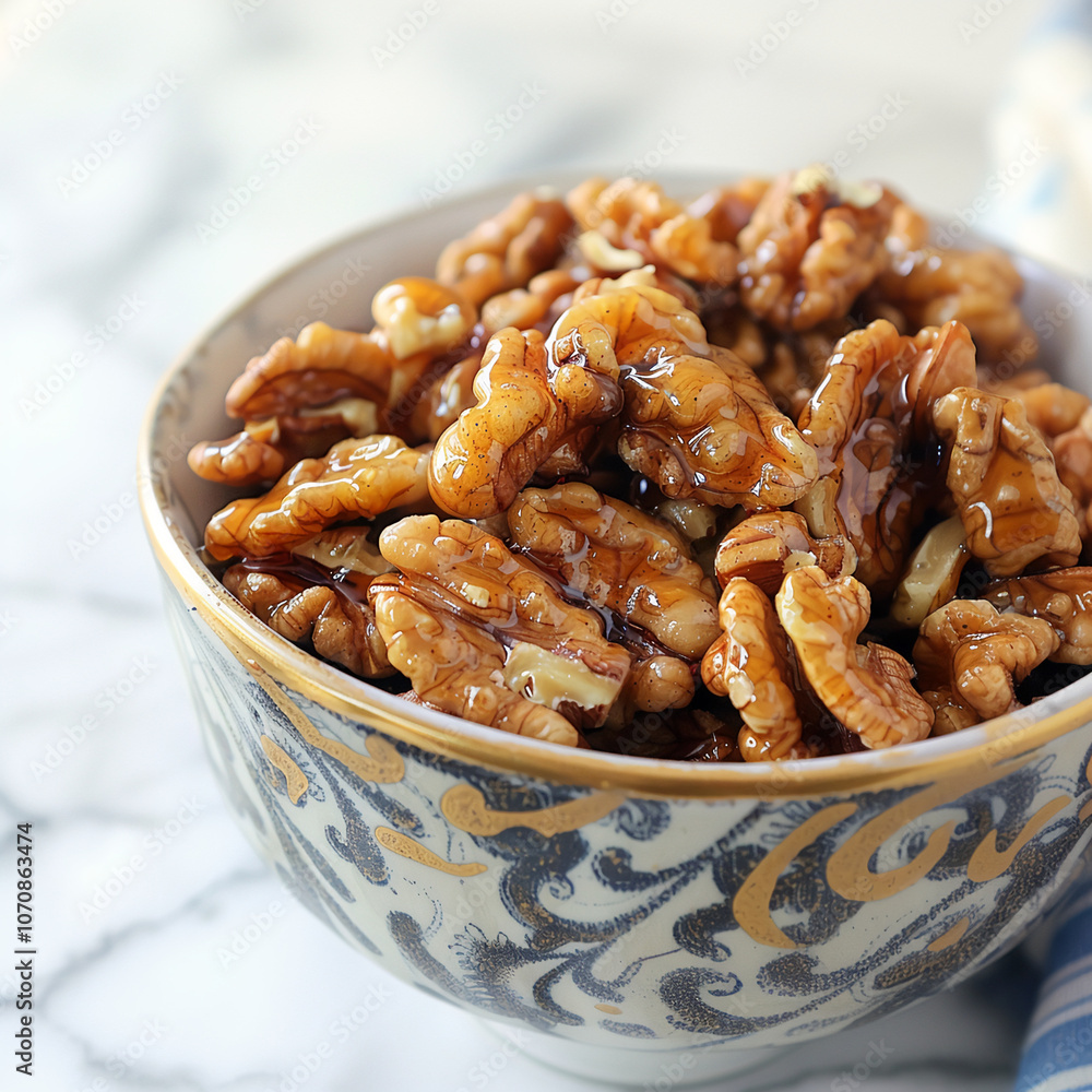 A bowl of honey-roasted walnuts sits on a marble countertop. The walnuts are glistening with a sweet, sticky glaze A bowl of honey-roasted walnuts sits on a marble countertop. The walnuts are glistening with a sweet, sticky glaze