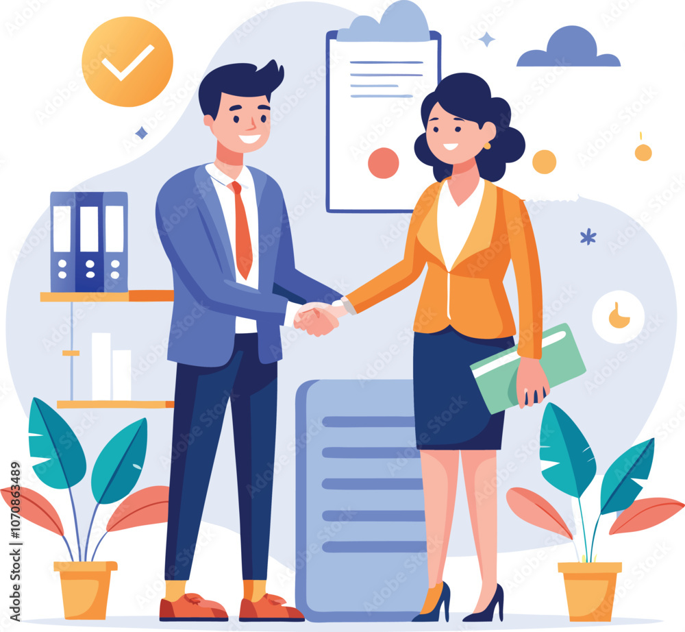 People shaking hands at work - Two businesspeople, man and woman doing handshake in office at work while smiling over business agreement and deal. Flat design stock illustration on white background People shaking hands at work - Two businesspeople, man and woman doing handshake in office at work while smiling over business agreement and deal. Flat design stock illustration on white background