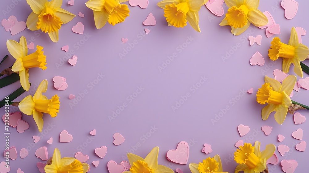 Purple background with yellow flowers and heart-shaped petals. Spring and cheerful decoration concept Purple background with yellow flowers and heart-shaped petals. Spring and cheerful decoration concept