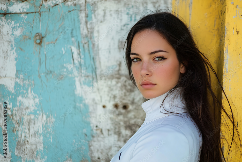 Young woman in a white top poses thoughtfully against a rustic blue and yellow background during daylight. Generative AI Young woman in a white top poses thoughtfully against a rustic blue and yellow background during daylight. Generative AI