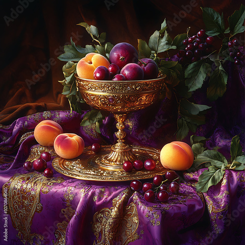 golden goblet filled with seasonal fruits like peaches and plums, surrounded by lush green leaves, rests on richly patterned purple fabric. vibrant colors create warm, inviting atmosphere photo