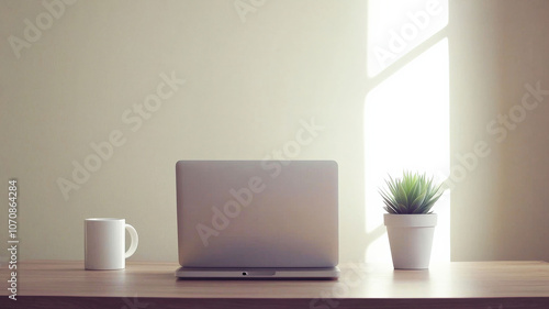 A clean, modern desk setup with a sleek laptop, white coffee cup, and a small succulent on a wooden table, featuring neutral tones and minimalist design