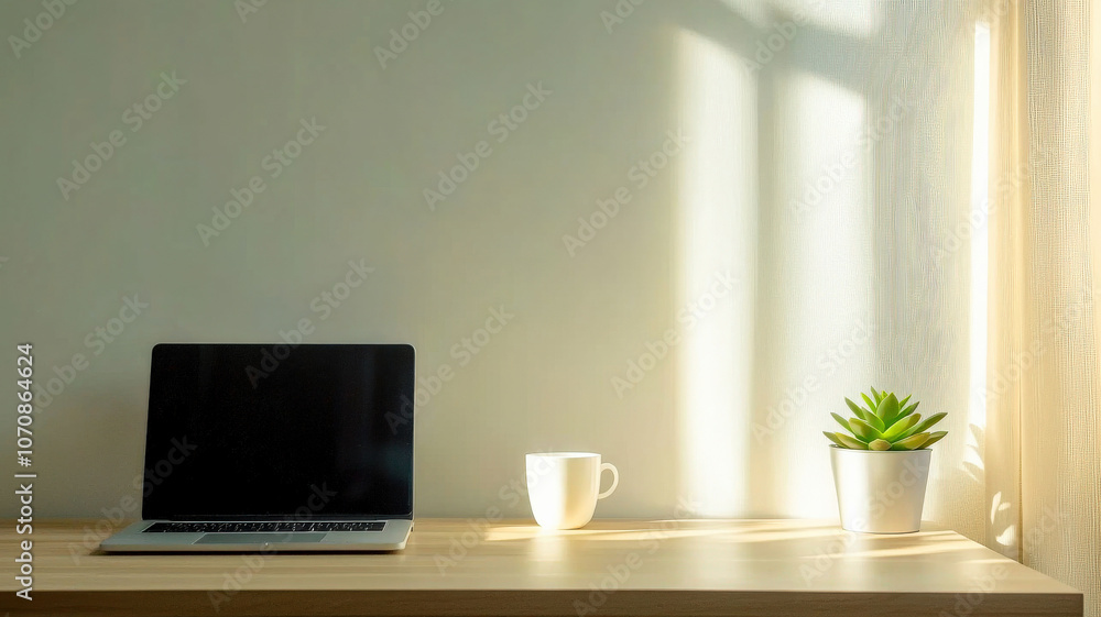 Fototapeta premium A clean, modern desk setup with a sleek laptop, white coffee cup, and a small succulent on a wooden table, featuring neutral tones and minimalist design