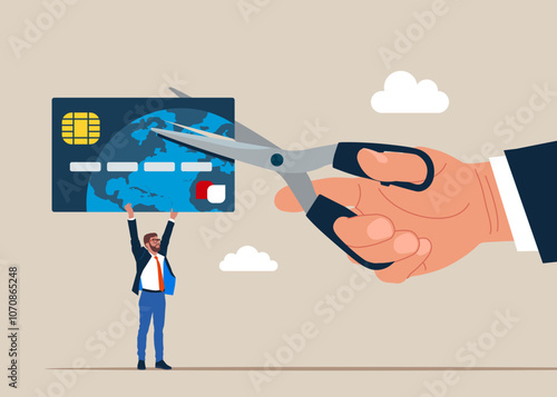 Hand uses scissors to cut credit card with scissors. For stop to pay money protect crisis cost. Flat vector illustration. 