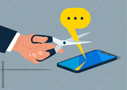 Hand uses scissors to cut out the message. Block unwanted messages, filter messages from unknown senders. Do not disturb. Flat vector illustration.
