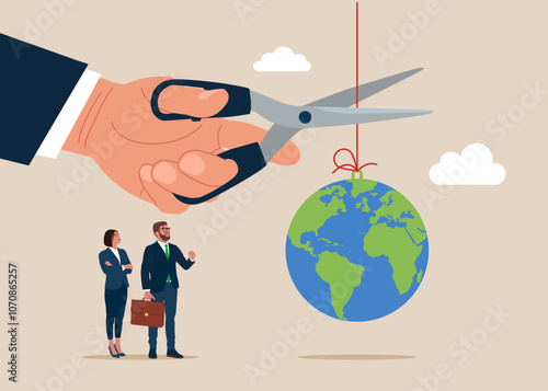 World economic crisis. Hand uses scissors to cut the rope, that hangs the globe. Flat vector illustration.