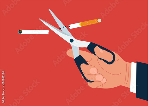 No smoking. Hand uses scissors to cut cigarette out. Flat vector illustration.