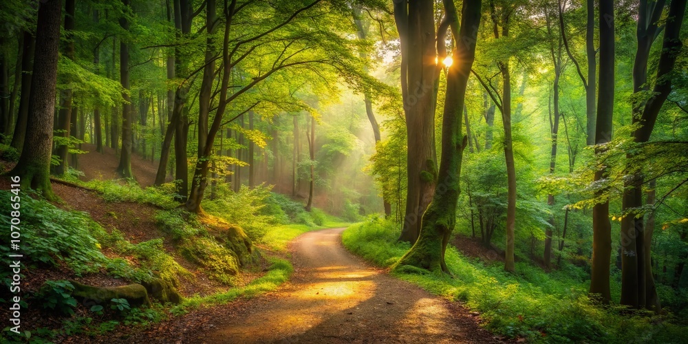 Fototapeta premium Enchanted Small Path in a Lush Forest During Late Summer with Soft, Diffused Light Creating a Mystical Atmosphere for Nature Lovers and Enthusiasts