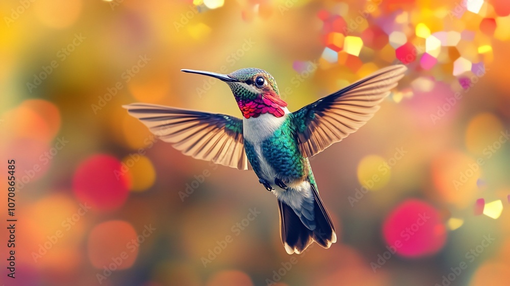 Naklejka premium A vibrant hummingbird in flight against a blurred background of colorful bokeh.