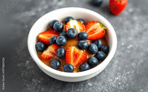 A white bowl filled with blueberries and strawberries sits on a grey surface