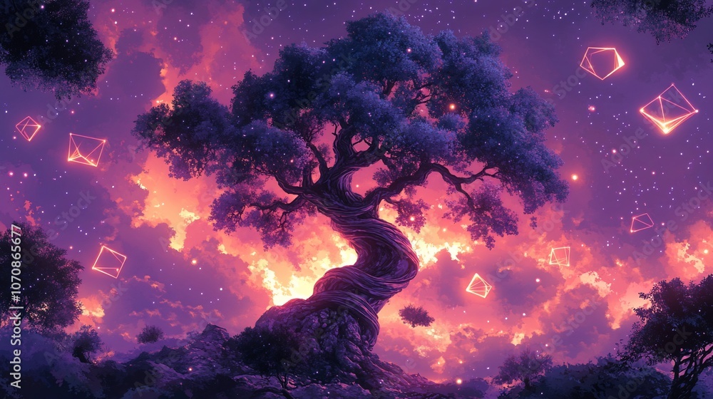 Fototapeta premium A large, twisted tree with glowing geometric shapes floating in the sky at dusk.
