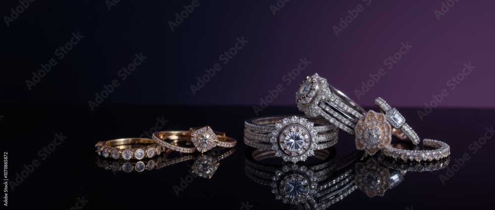 A still life photography of luxury jewelry and accessories on a reflective black surface captured in a professional studio. A still life photography of luxury jewelry and accessories on a reflective black surface captured in a professional studio.