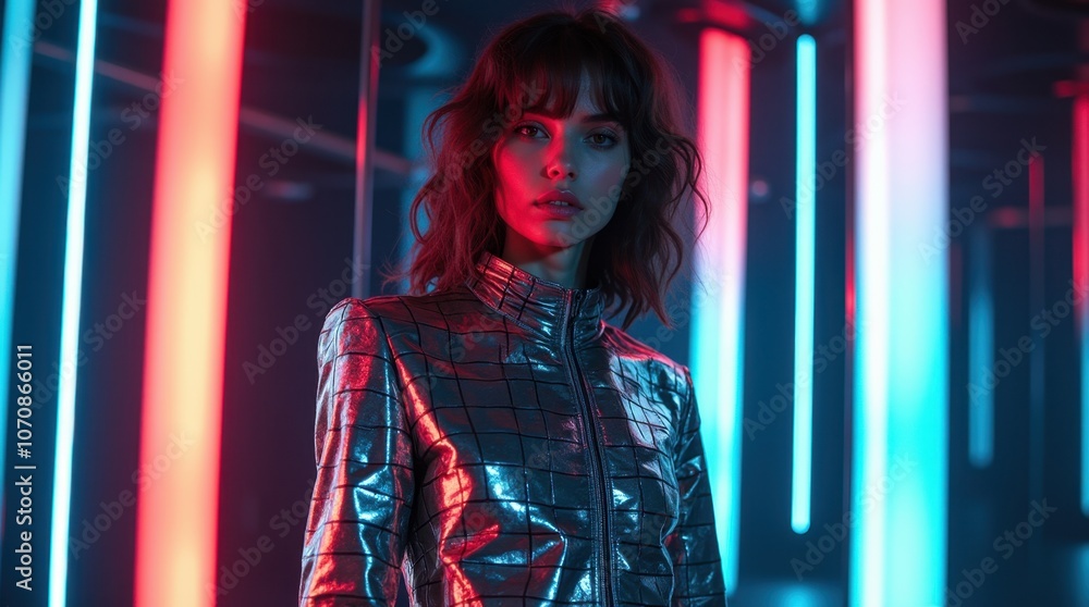 A high-fashion editorial photo of a model dressed in futuristic metallic clothing with bold geometry.