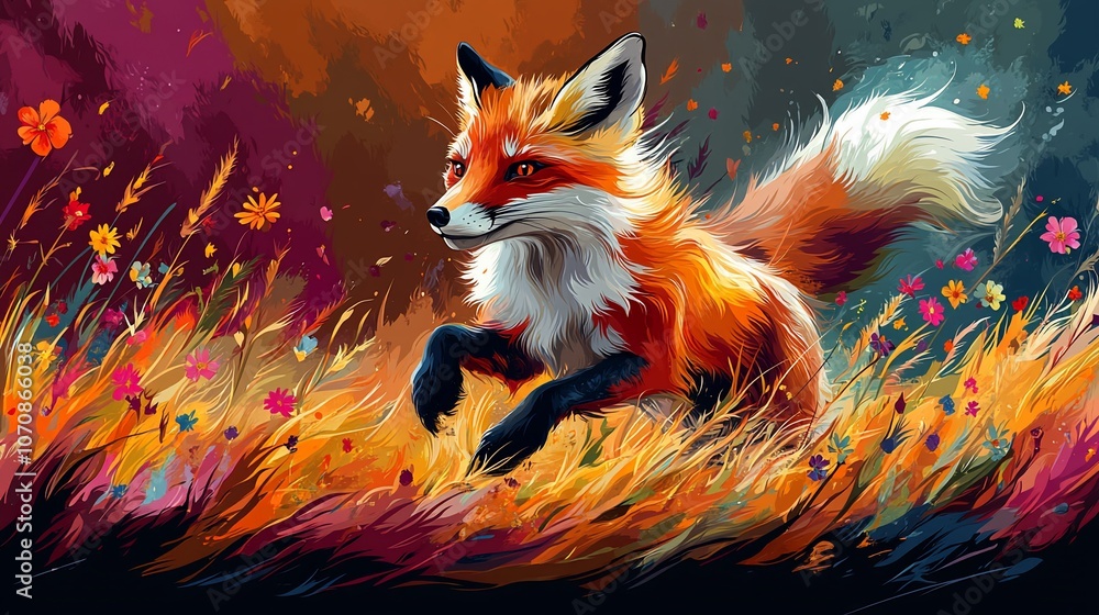 A playful fox leaps through a field of wildflowers, its fur glowing in the golden light of the setting sun. A playful fox leaps through a field of wildflowers, its fur glowing in the golden light of the setting sun.