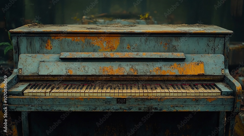 An old, weathered piano sits abandoned in a forest, its keys worn and faded, a testament to time and the passage of music. An old, weathered piano sits abandoned in a forest, its keys worn and faded, a testament to time and the passage of music.