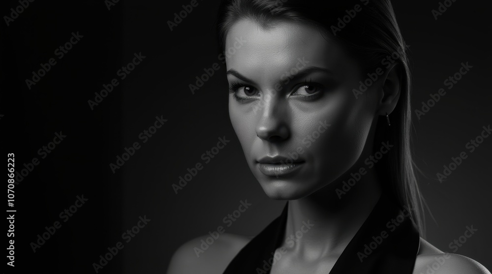 A close-up black and white portrait of a person with striking features captured in a high-end photo studio. A close-up black and white portrait of a person with striking features captured in a high-end photo studio.