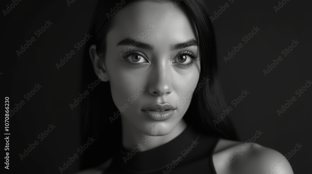 A close-up black and white portrait of a person with striking features captured in a high-end photo studio. A close-up black and white portrait of a person with striking features captured in a high-end photo studio.