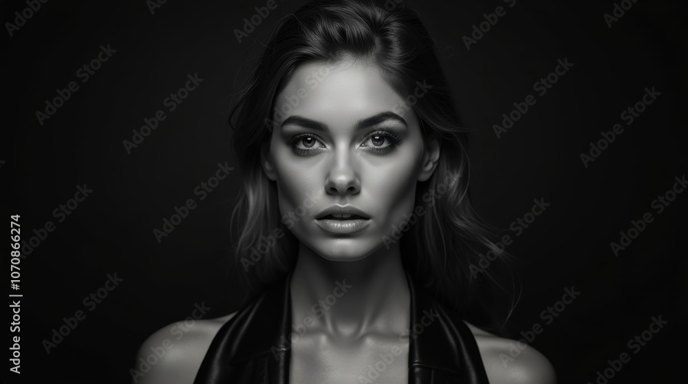 A close-up black and white portrait of a person with striking features captured in a high-end photo studio. A close-up black and white portrait of a person with striking features captured in a high-end photo studio.