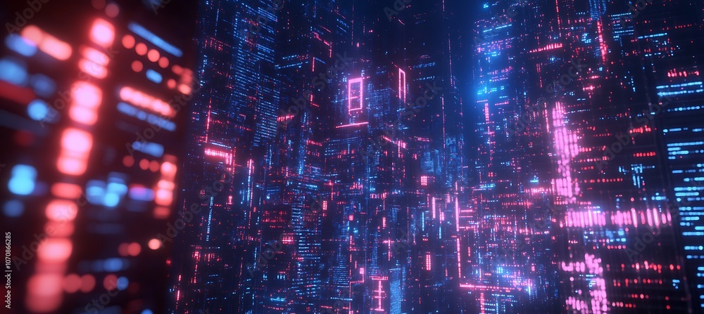 Fototapeta premium A futuristic cityscape with towering skyscrapers and digital overlays representing data flow and business connectivity.
