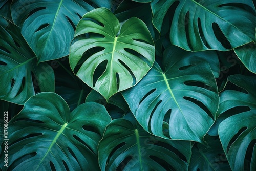Close-up of Lush Green Monstera Deliciosa Leaves with Intricate Veining