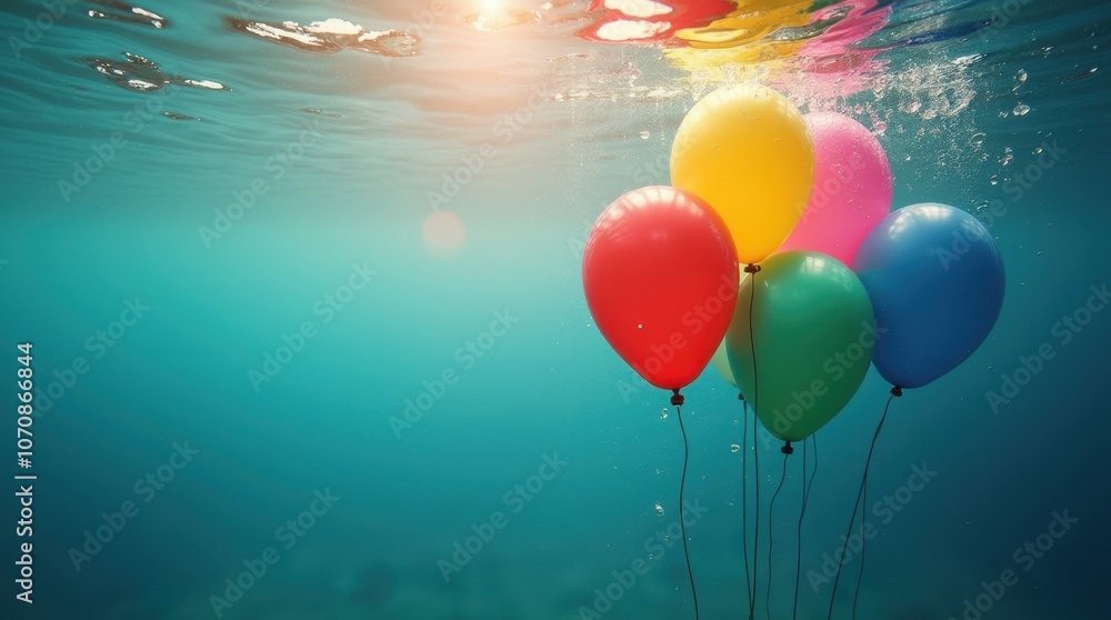 Fototapeta premium A vibrant underwater scene showing colorful balloons floating just beneath the water surface, reflecting the light.