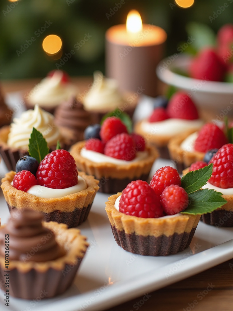 A colorful display of sweet treats such as mini fruit tarts and chocolate truffles adorn a festive Christmas dessert table setting A colorful display of sweet treats such as mini fruit tarts and chocolate truffles adorn a festive Christmas dessert table setting