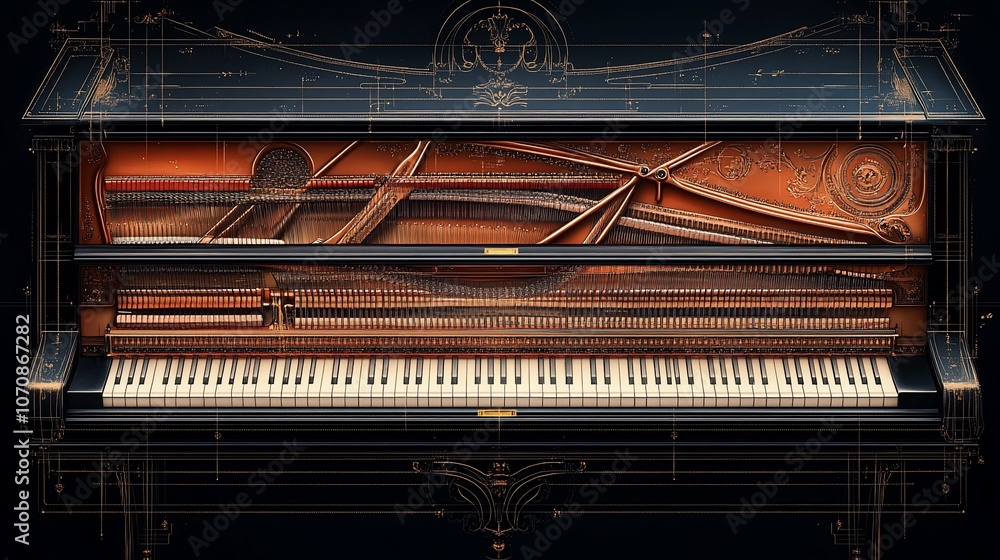 A black grand piano with ivory keys, open revealing the inner workings. The piano is set against a backdrop of an intricate, gold-colored, architectural design. A black grand piano with ivory keys, open revealing the inner workings. The piano is set against a backdrop of an intricate, gold-colored, architectural design.
