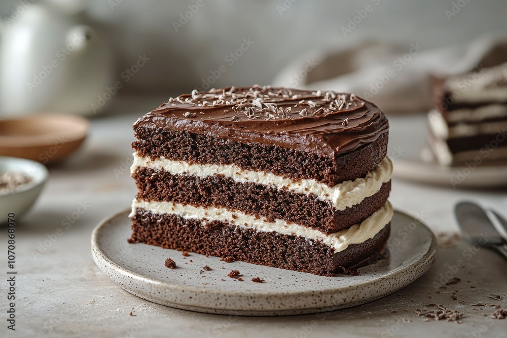 A Slice of Chocolate Cake with White Filling and Chocolate Shavings A Slice of Chocolate Cake with White Filling and Chocolate Shavings