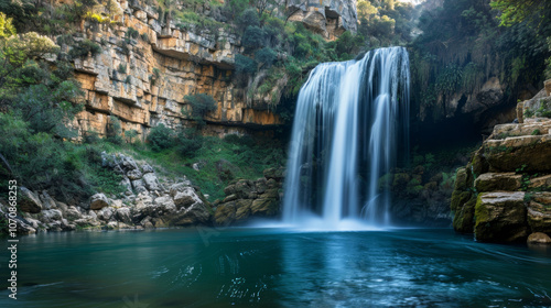 A waterfall is flowing into a pool of water